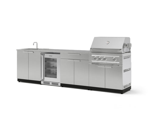 Outdoor Kitchen Stainless Steel 6 Piece Cabinet Set with Sink, Bar, Grill Cabinet, Platinum Grill, Countertop and Glass Door Fridge