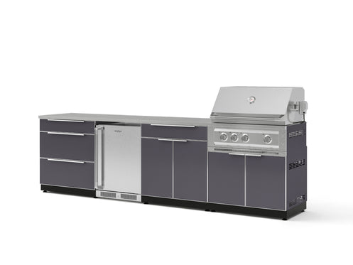 Outdoor Kitchen Aluminum 7 Piece Cabinet Set with 3-Drawer, Bar, Grill Cabinet, Platinum Grill, Countertops and Stainless Steel Door Fridge