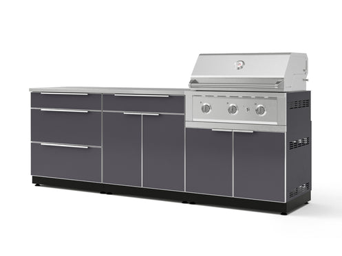 Outdoor Kitchen Aluminum 5 Piece Cabinet Set With 3 Drawer, Bar, Grill Cabinet, Performance Grill and Countertop